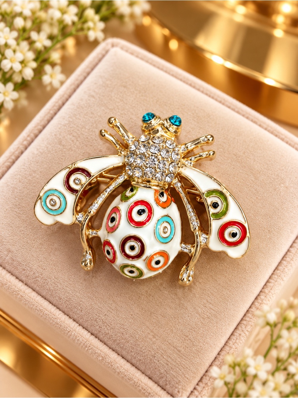 Evil Eye Jeweled Bee Brooch | Gold Tone Crystal Statement Pin